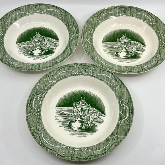 The Old Curiosity Shop Set Of 3 Soup Bowls 8.25” Royal China Green Vintage USA - Picture 1 of 5